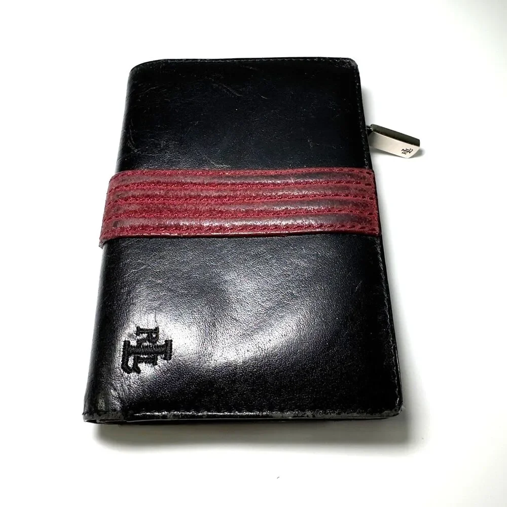 Lauren Ralph Lauren Wallet Black Leather LRL Clutch Compact Card Holder Red VTG